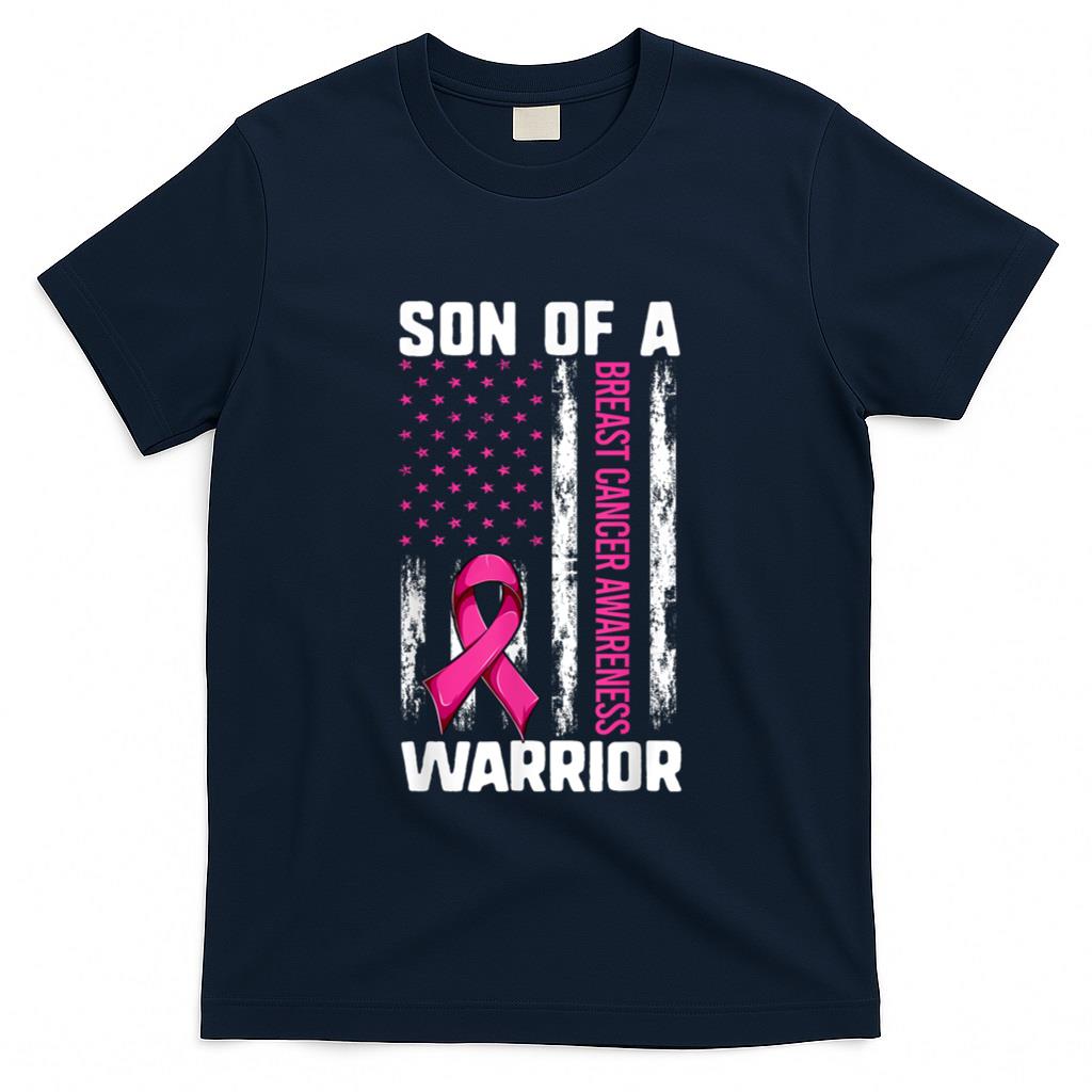 Mom Son Of A Warrior USA Flag Breast Cancer Support Women Kids Men T-Shirt