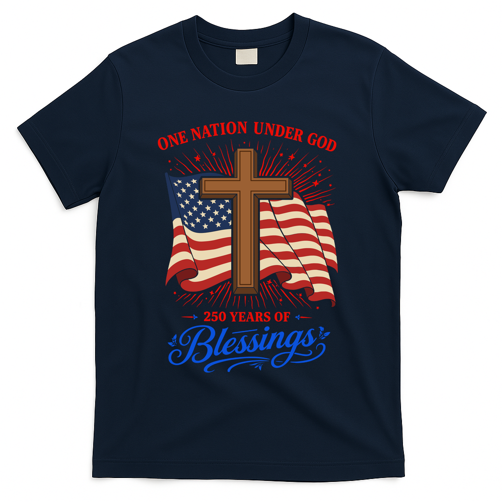 250th Anniversary One Nation Under God 250 Years Of Blessings America Flag T-Shirt - Navy