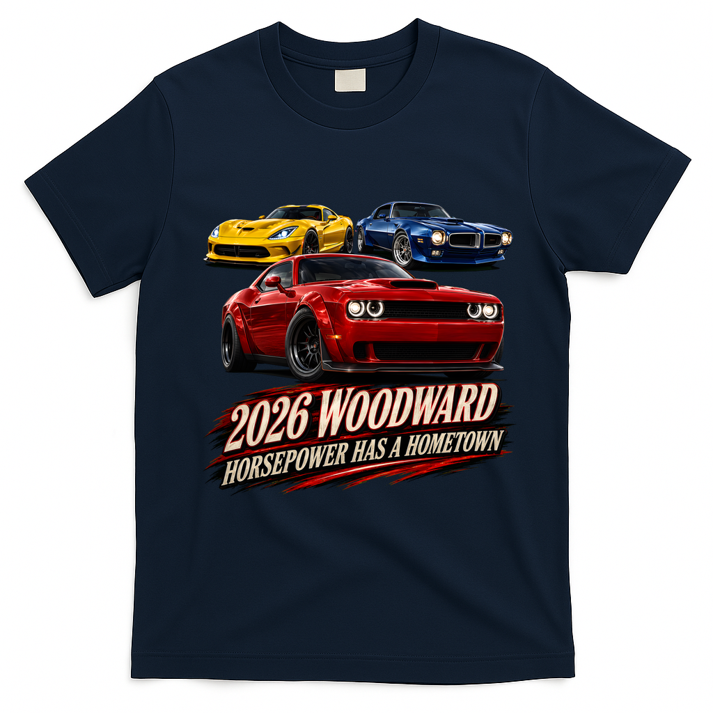 2026 Car Cruise Woodward Ave Hometown Horsepower Front & Back T-Shirt - Navy Blue
