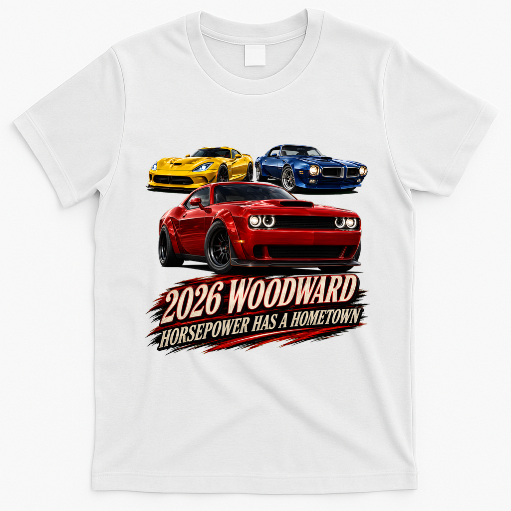 2026 Car Cruise Woodward Ave Hometown Horsepower Front & Back T-Shirt - White