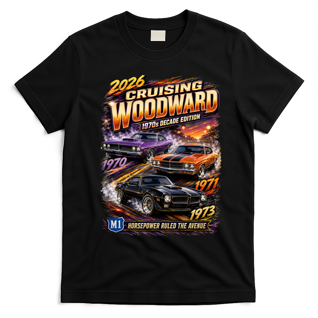 2026 Cruising Woodward M1 - 1970s Horsepower Decade Edition T-Shirt - Black