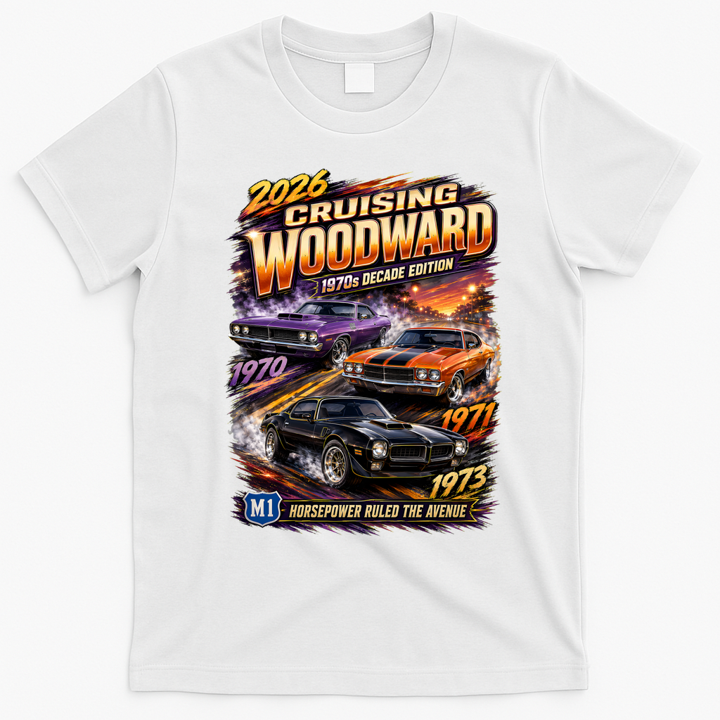 2026 Cruising Woodward M1 - 1970s Horsepower Decade Edition T-Shirt - White