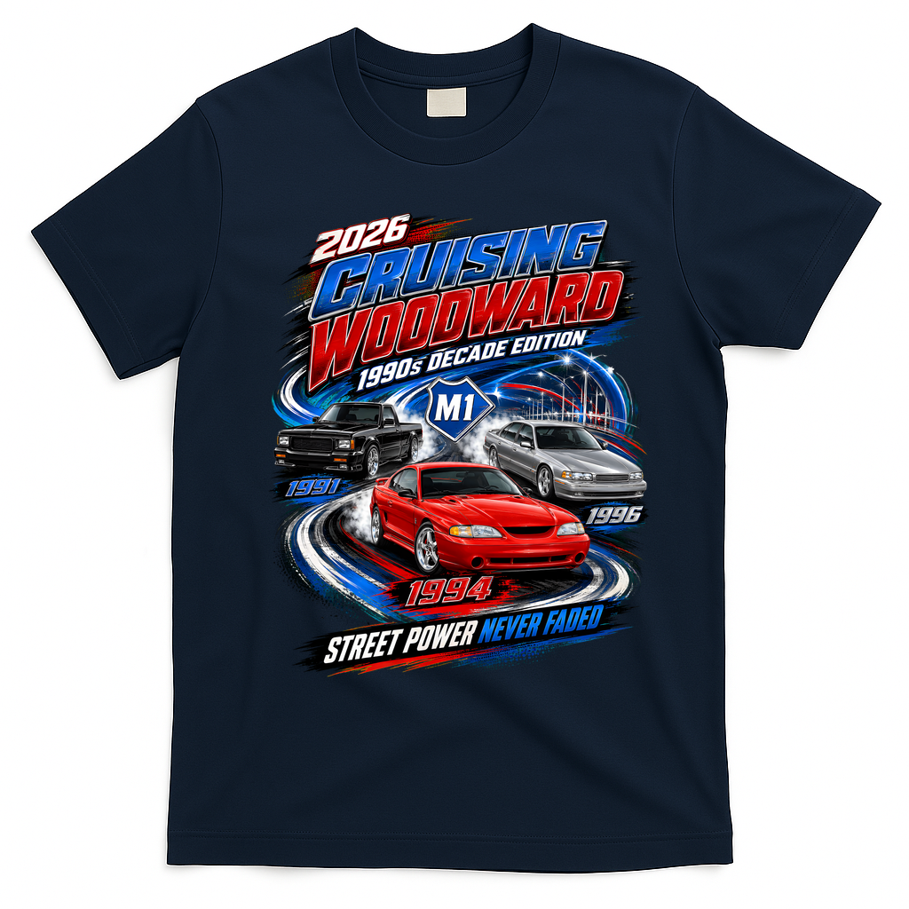 2026 Cruising Woodward - 1990s Decade Edition T-Shirt - Navy Blue