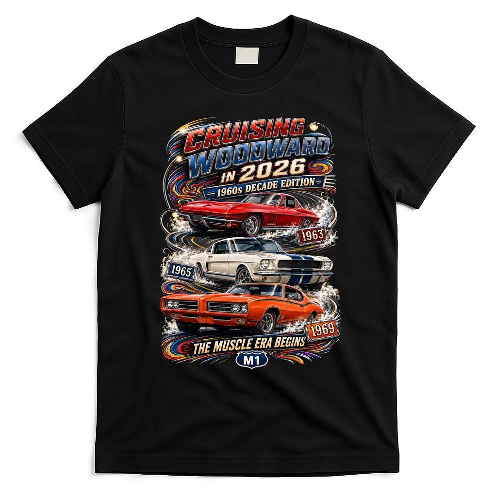 2026 Cruising Woodward — 1960s Decade Edition: The Muscle Era Begins T-Shirt - Black