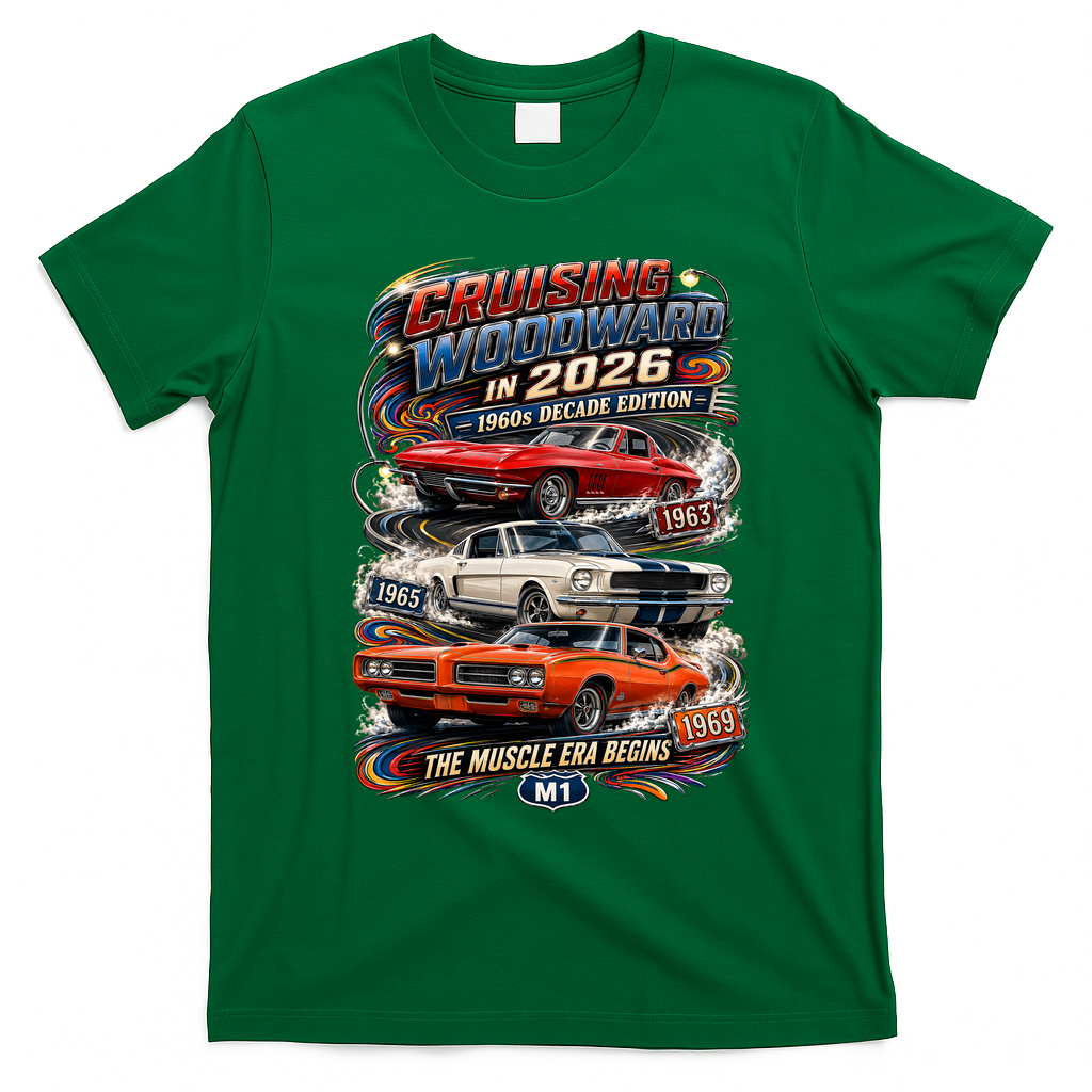 2026 Cruising Woodward — 1960s Decade Edition: The Muscle Era Begins T-Shirt - Irish Green