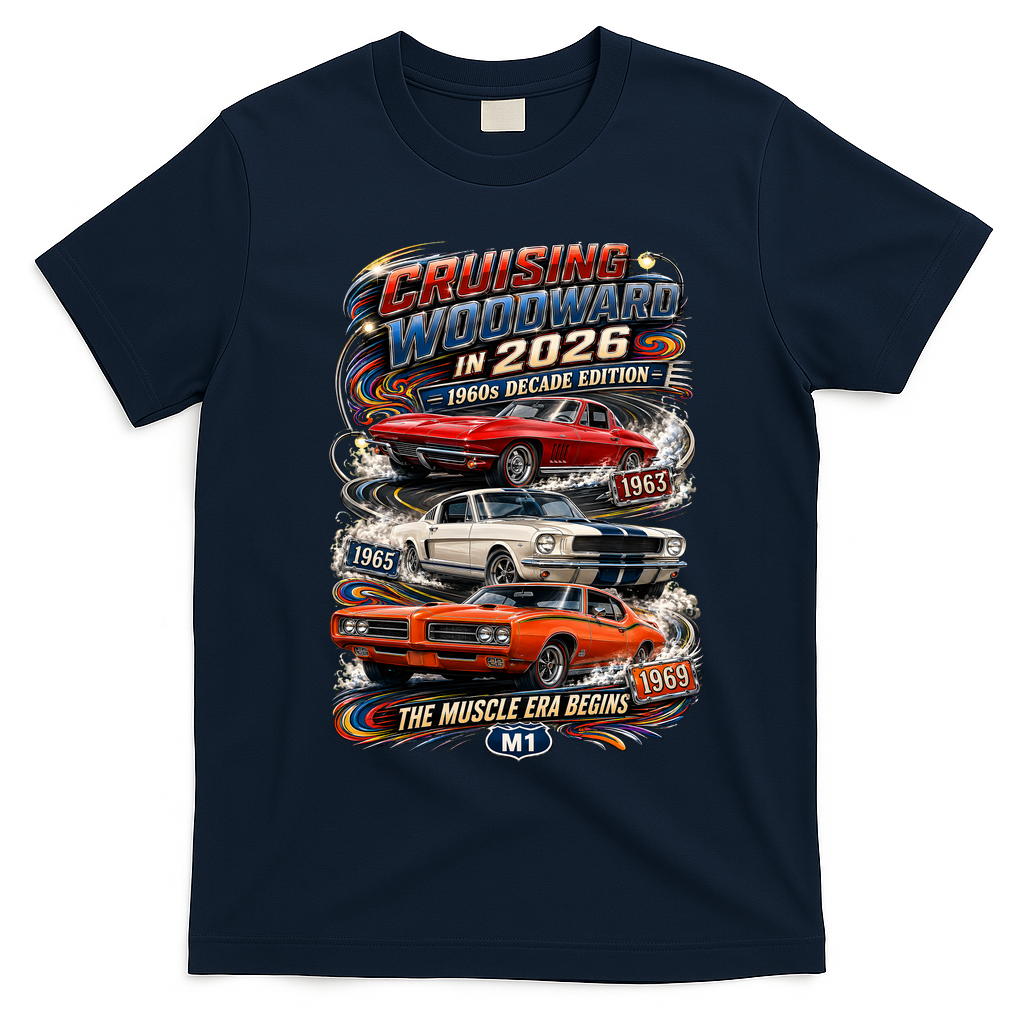 2026 Cruising Woodward — 1960s Decade Edition: The Muscle Era Begins T-Shirt - Navy Blue