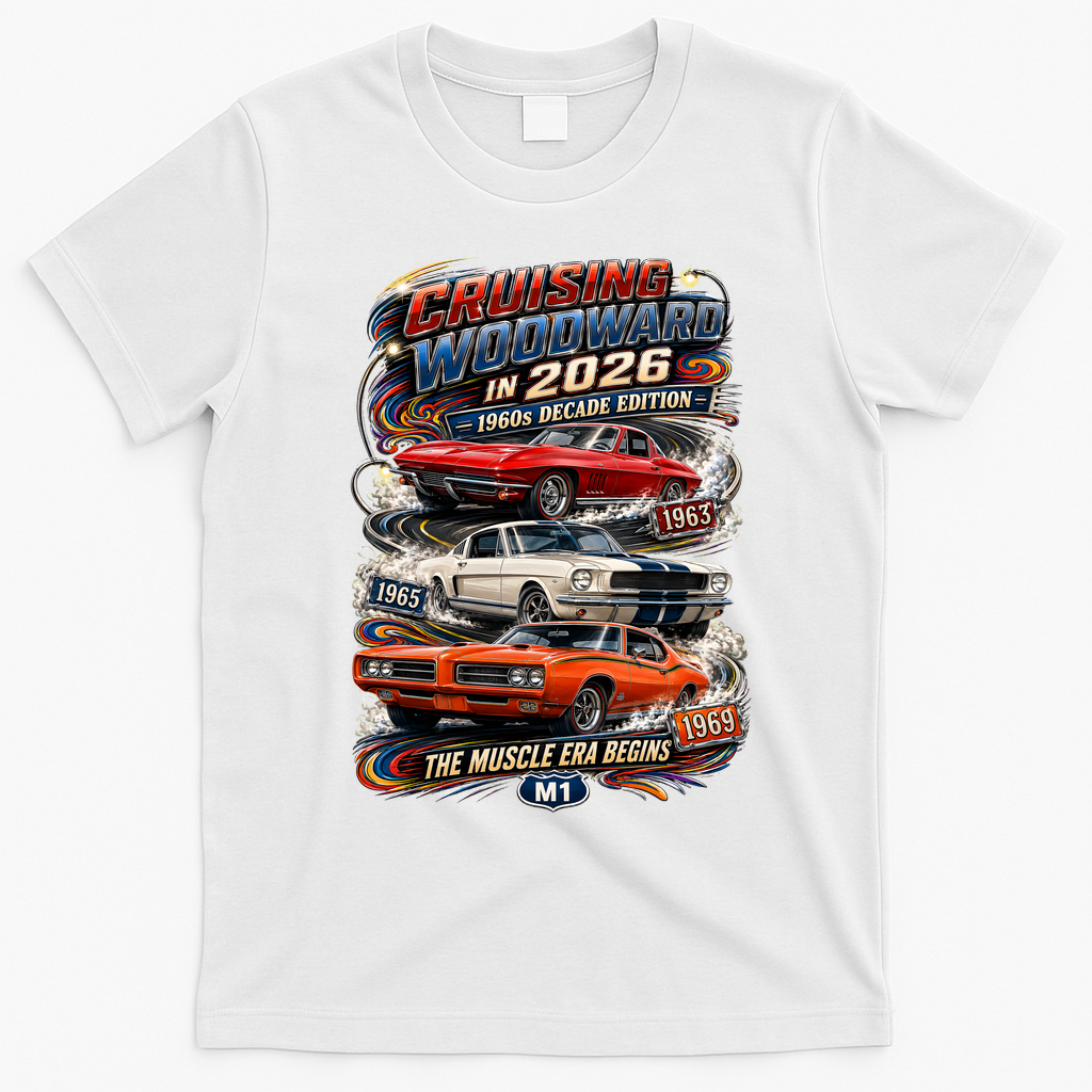 2026 Cruising Woodward — 1960s Decade Edition: The Muscle Era Begins T-Shirt - White