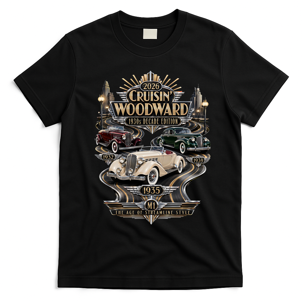 2026 Cruisin’ Woodward — 1930s Decade Edition: The Age Of Streamline Style T-Shirt - Black
