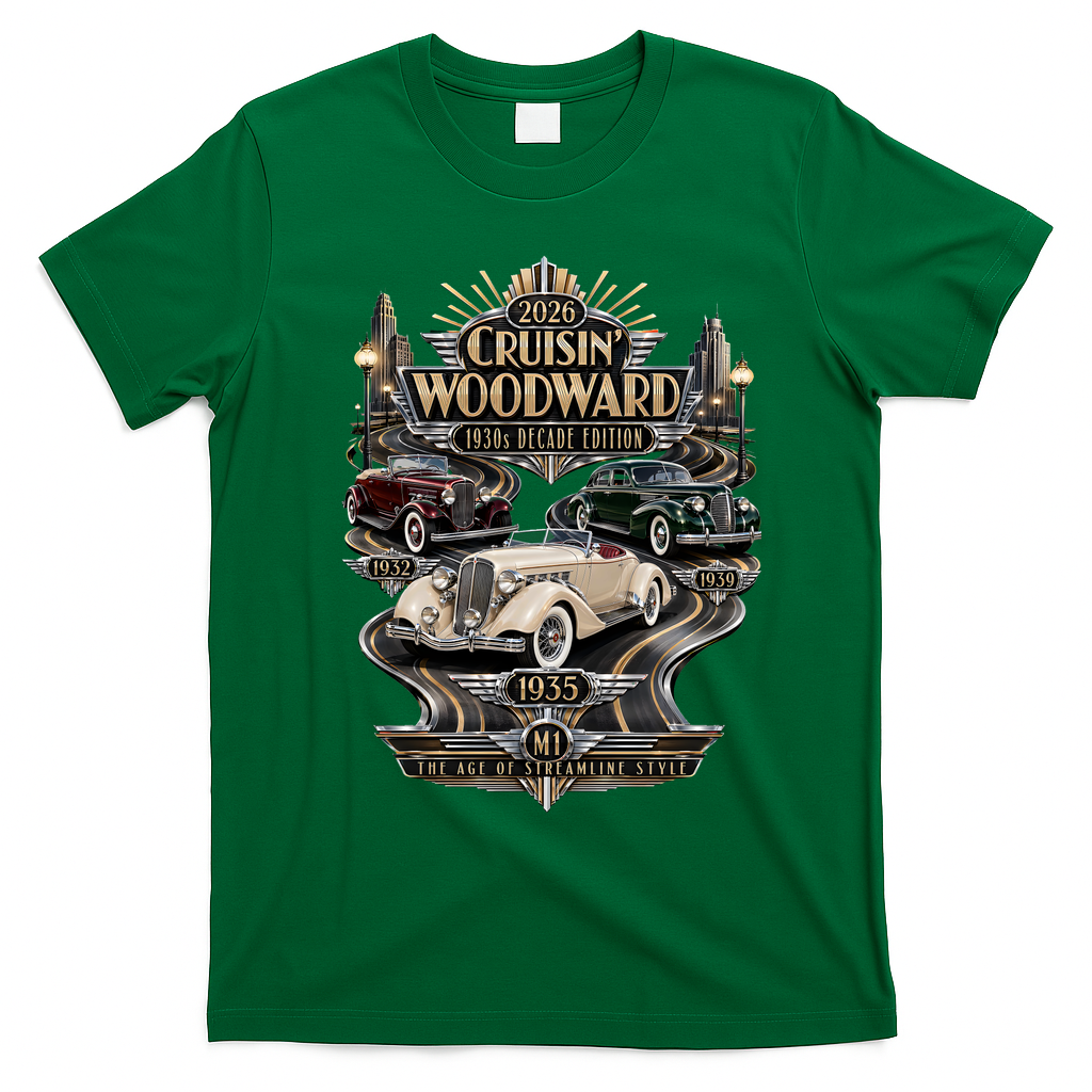 2026 Cruisin’ Woodward — 1930s Decade Edition: The Age Of Streamline Style T-Shirt - Irish Green