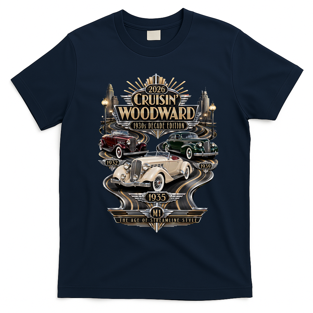 2026 Cruisin’ Woodward — 1930s Decade Edition: The Age Of Streamline Style T-Shirt - Navy Blue