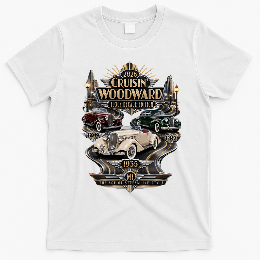 2026 Cruisin’ Woodward — 1930s Decade Edition: The Age Of Streamline Style T-Shirt - White