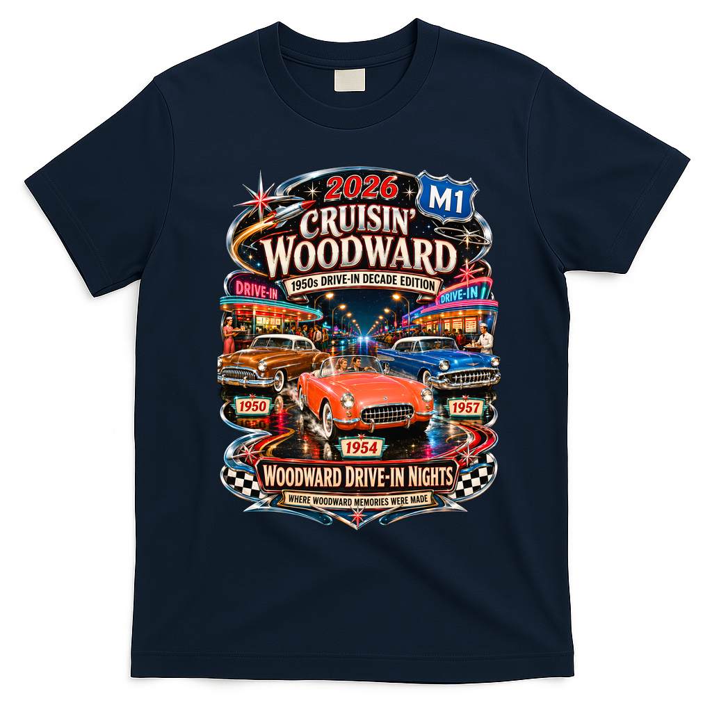 2026 Cruisin’ Woodward — 1950s Drive-In Decade Edition T-Shirt - Navy Blue