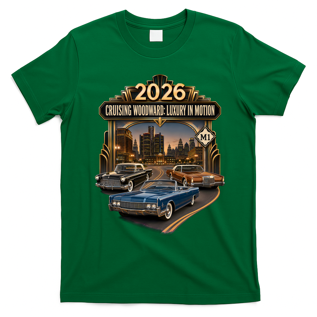 2026 Cruising Woodward Ave M1 Luxury In Motion Car Event T-Shirt - Irish Green