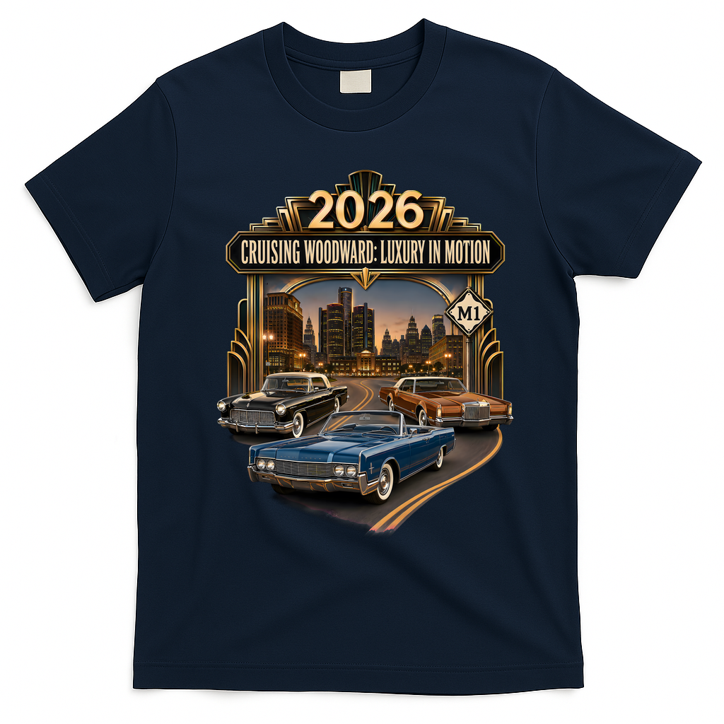 2026 Cruising Woodward Ave M1 Luxury In Motion Car Event T-Shirt - Navy Blue