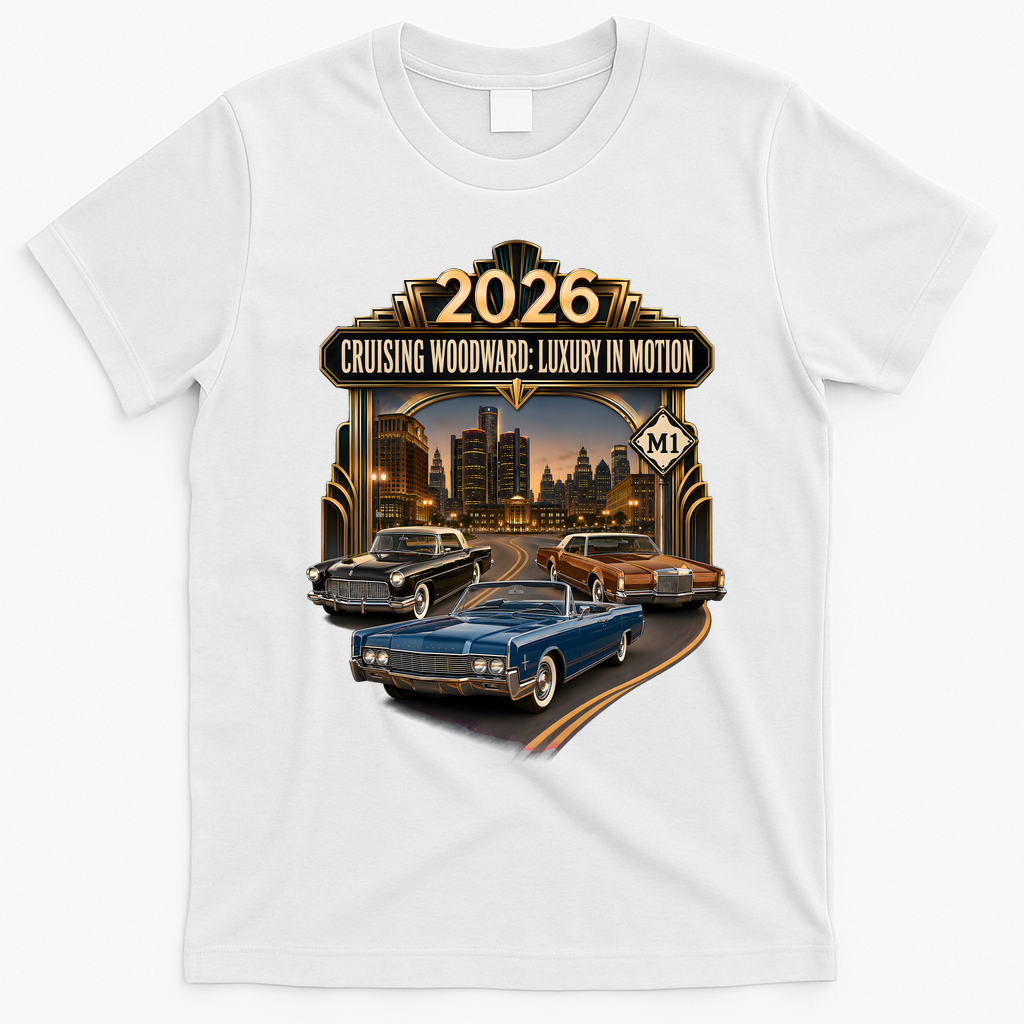2026 Cruising Woodward Ave M1 Luxury In Motion Car Event T-Shirt - White