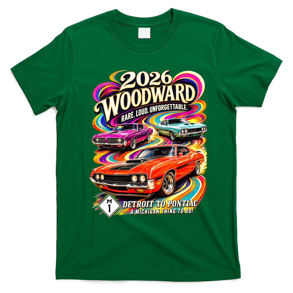 2026 Groovy Woodward Detroit To Pontiac Car Show T-Shirt - Irish Green