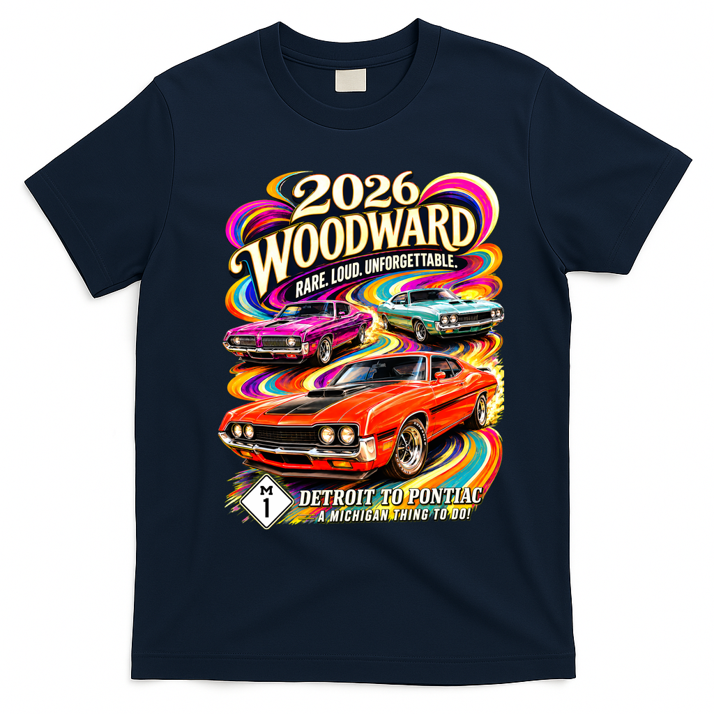 2026 Groovy Woodward Detroit To Pontiac Car Show T-Shirt - Navy Blue