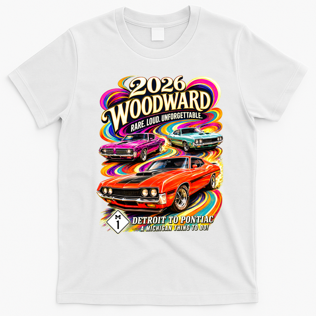 2026 Groovy Woodward Detroit To Pontiac Car Show T-Shirt - White