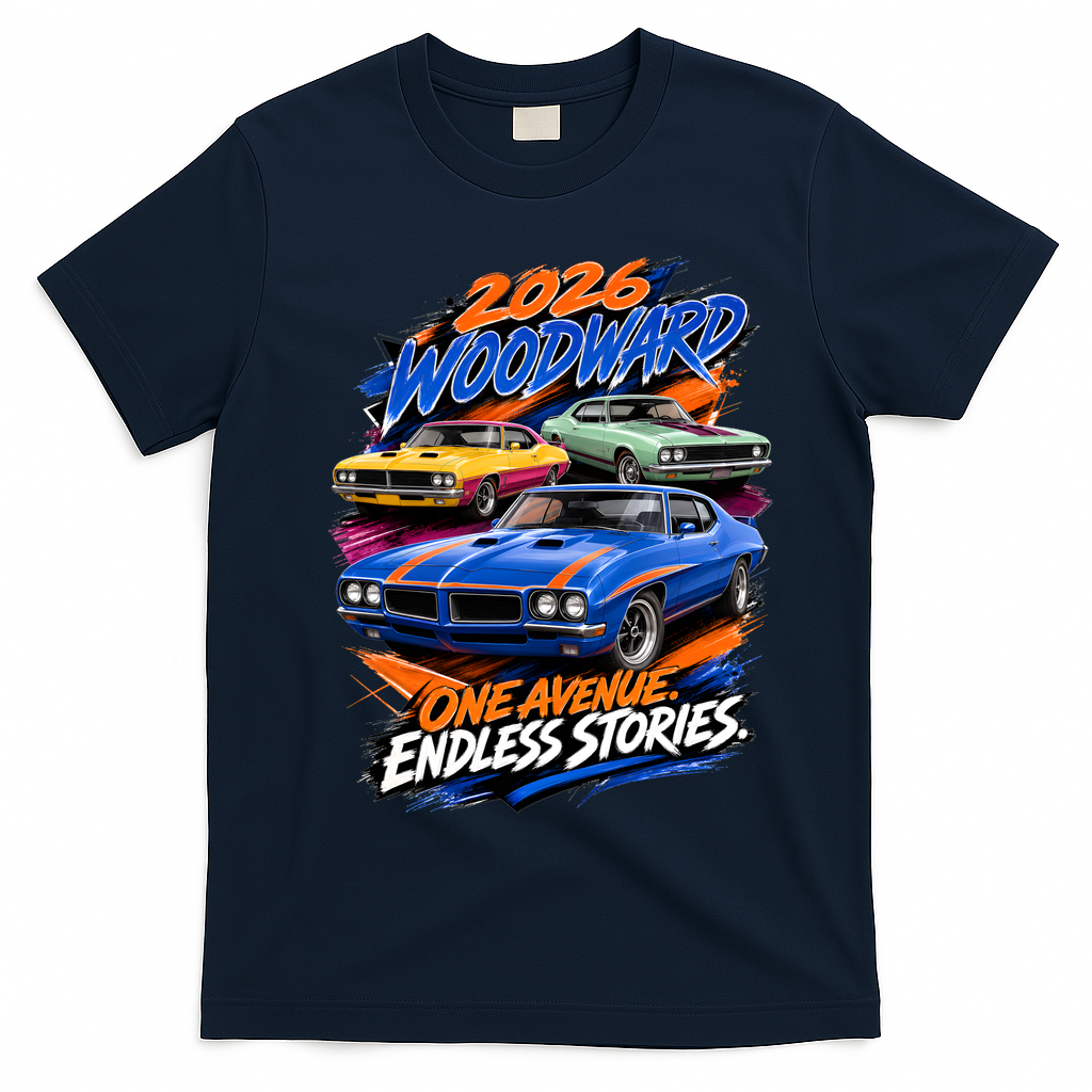 2026 Michigan Car Cruise Woodward M1 Endless Stories T-Shirt - Navy Blue