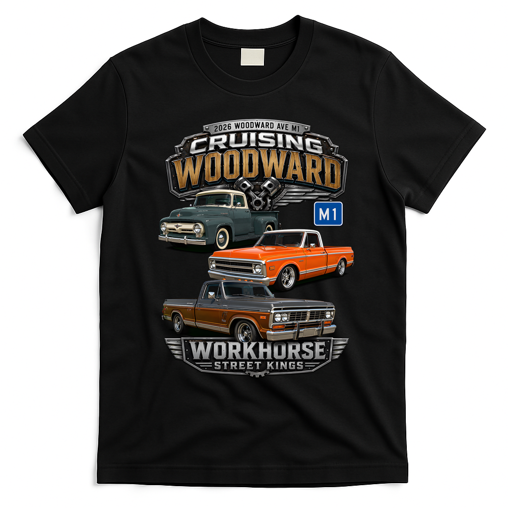 2026 Woodward Ave M1 Chrome Haulers VIntage Trucks T-Shirt - Black