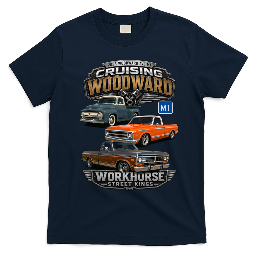 2026 Woodward Ave M1 Chrome Haulers VIntage Trucks T-Shirt - Navy Blue