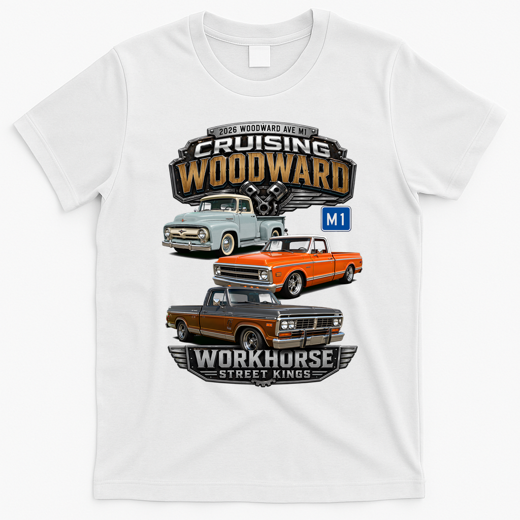 2026 Woodward Ave M1 Chrome Haulers VIntage Trucks T-Shirt - White