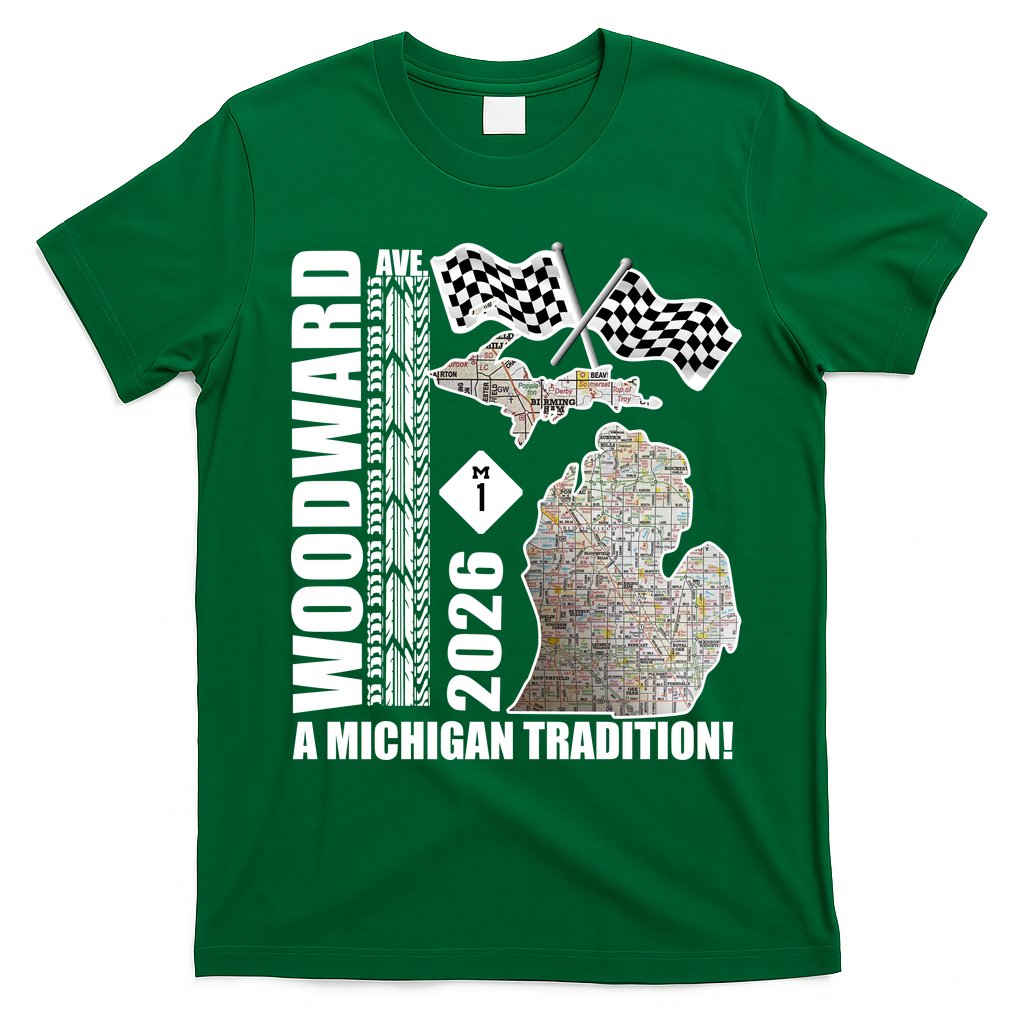 2026 Woodward Ave A Michigan Tradition Map T-Shirt - Irish Green