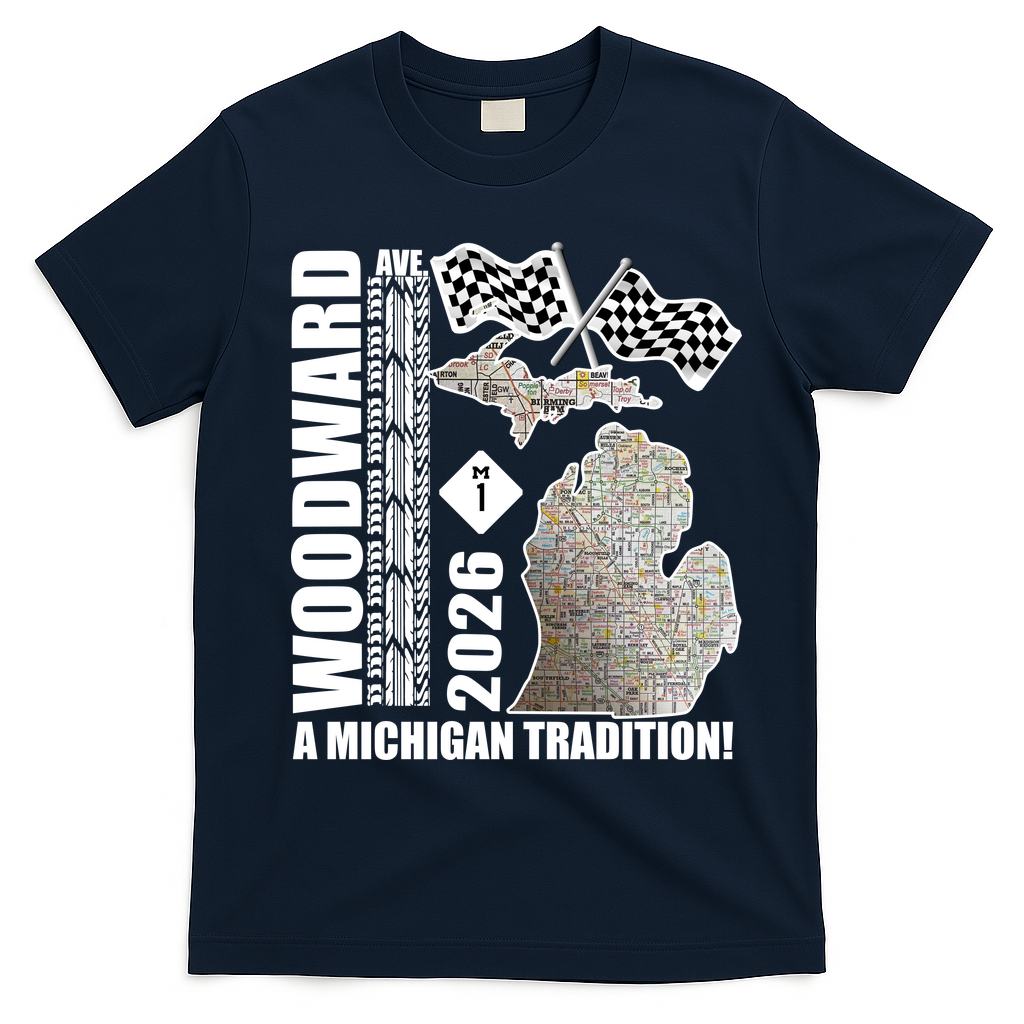 2026 Woodward Ave A Michigan Tradition Map T-Shirt - Navy Blue