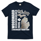 2026 Woodward Ave A Michigan Tradition Map T-Shirt - Navy Blue