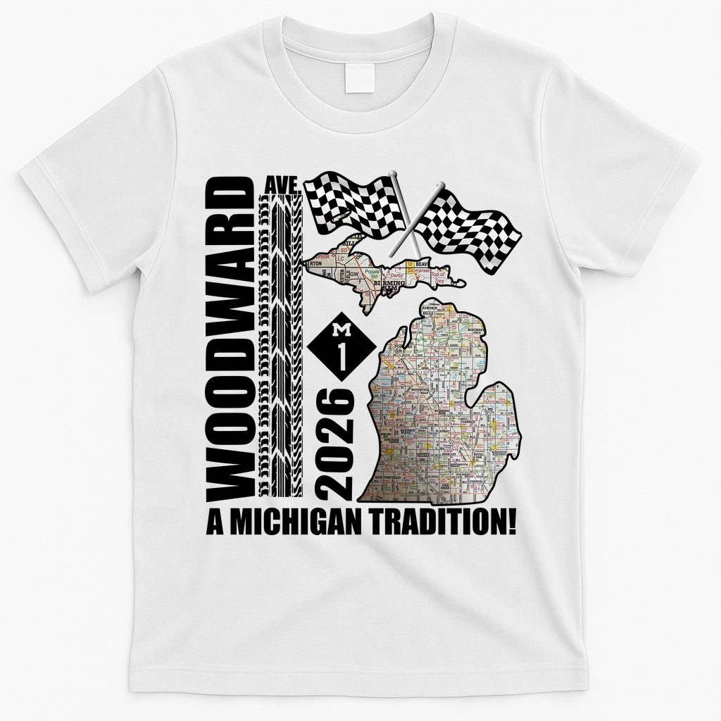 2026 Woodward Ave A Michigan Tradition Map T-Shirt - White