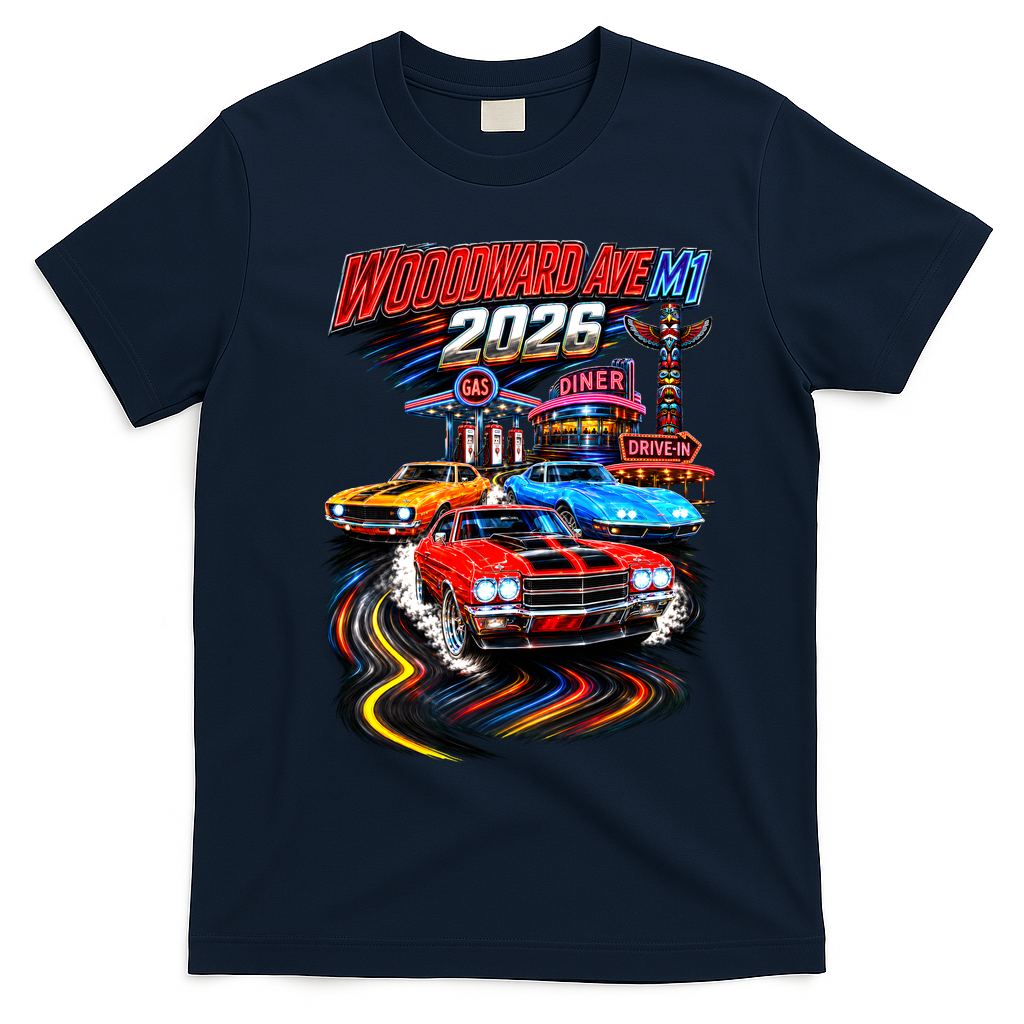2026 Woodward Ave M1 Neon Lights  T-Shirt - Navy Blue