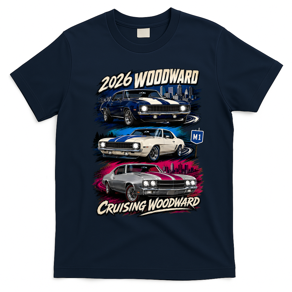 2026 Woodward Cruising with Classic Muscle Cars T-Shirt - Navy Blue