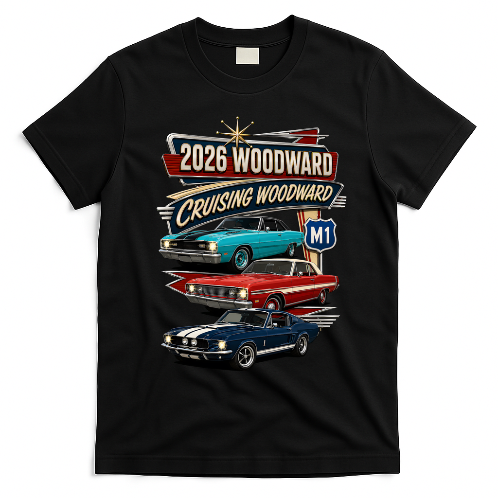 2026 Woodward Cruising M1 Classic Car Cruise Mustang T-Shirt - Black