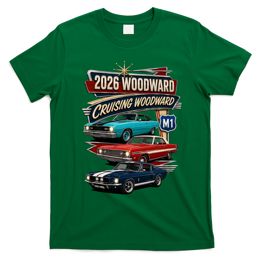 2026 Woodward Cruising M1 Classic Car Cruise Mustang T-Shirt - Irish Green