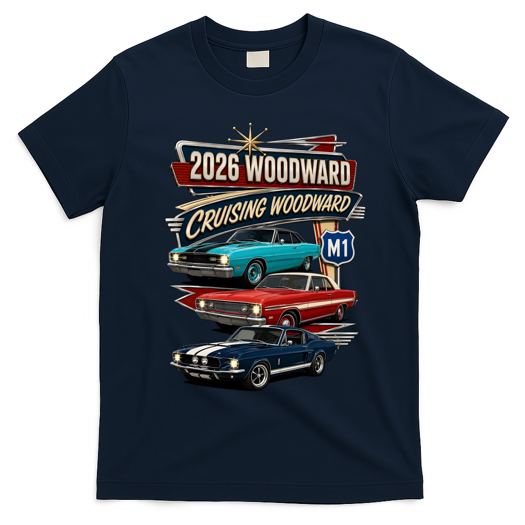 2026 Woodward Cruising M1 Classic Car Cruise Mustang T-Shirt - Navy Blue