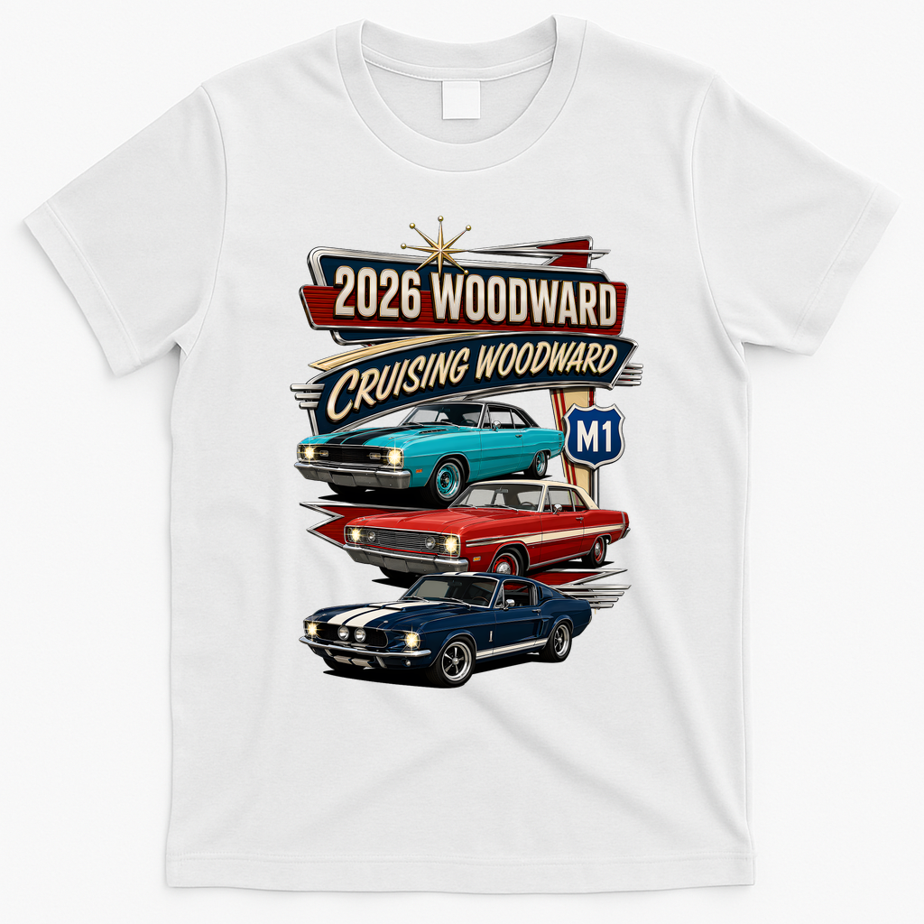 2026 Woodward Cruising M1 Classic Car Cruise Mustang T-Shirt - White