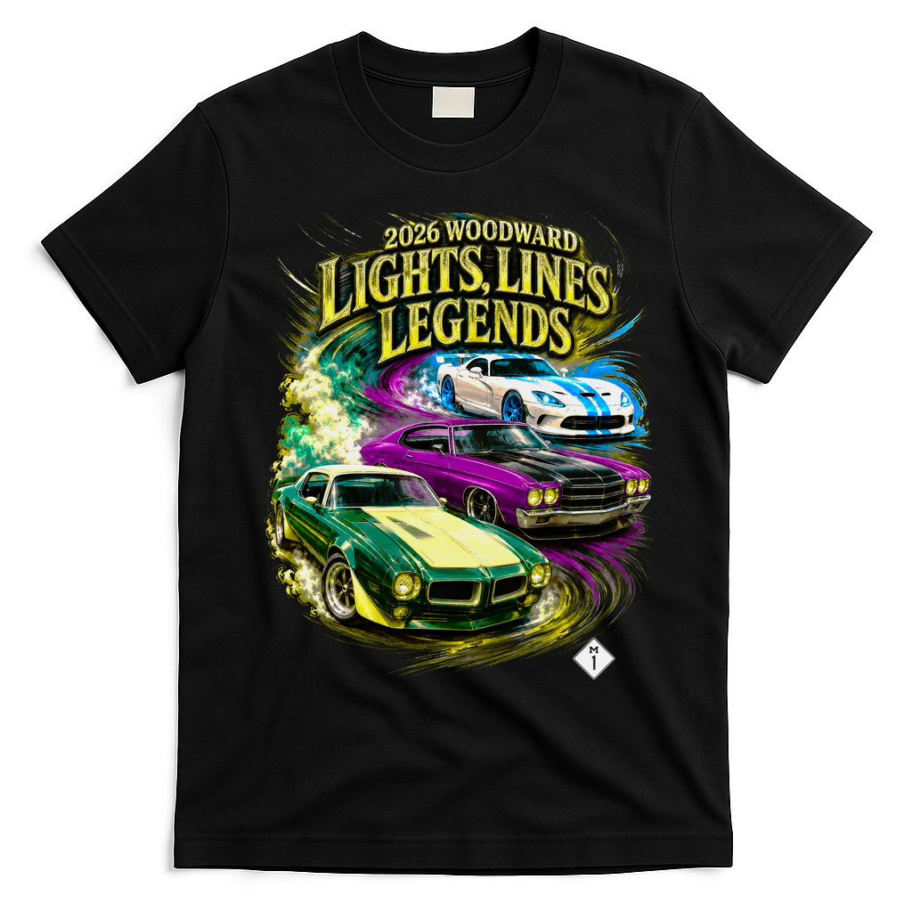 2026 Woodward Lights Lines Legends Cars Front & Back  T-Shirt - Black