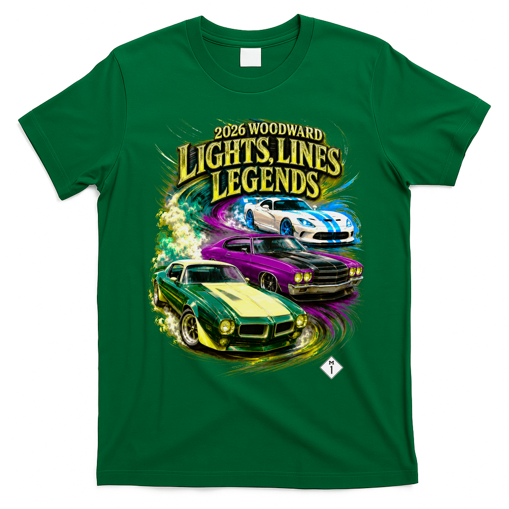 2026 Woodward Lights Lines Legends Cars Front & Back  T-Shirt - Irish Green