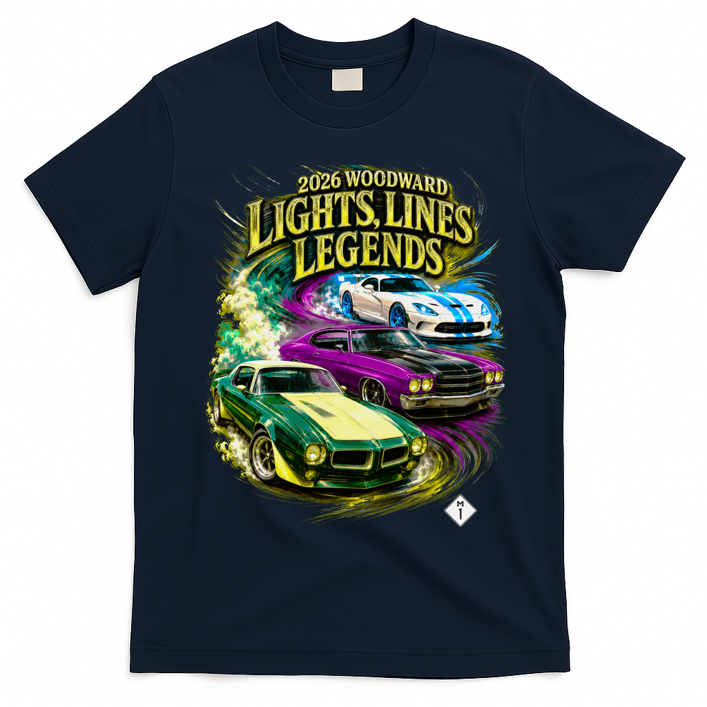 2026 Woodward Lights Lines Legends Cars Front & Back  T-Shirt - Navy Blue