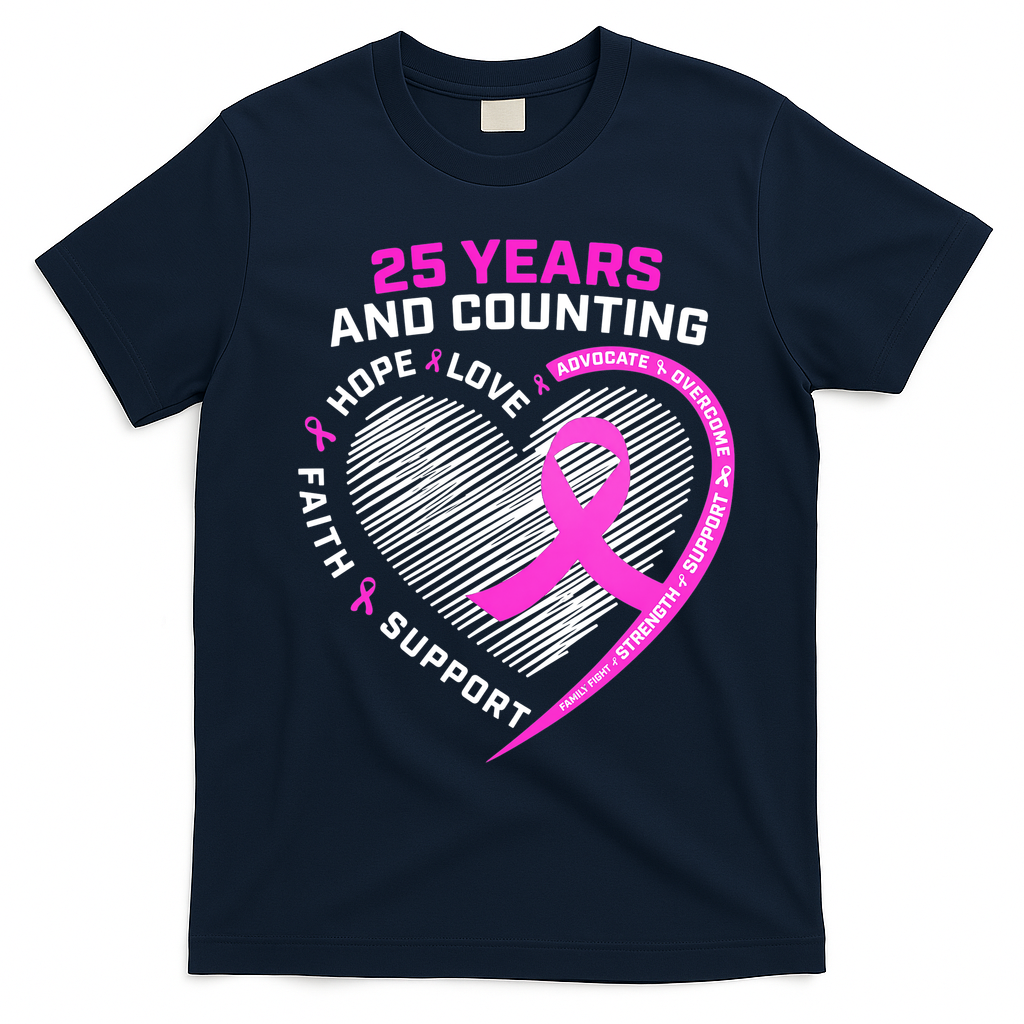 25 Years And Counting Hope Love Breast Cancer T-Shirt - Navy Blue
