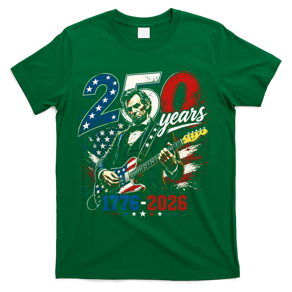 250 Years Abraham Lincoln Guitar July 4th 250th Anniversary T-Shirt - Green