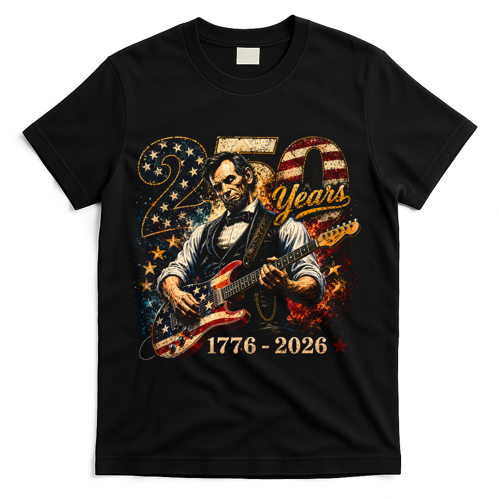 250 Years Abe Lincoln Playing Guitar 250th Anniversary  T-Shirt - Black