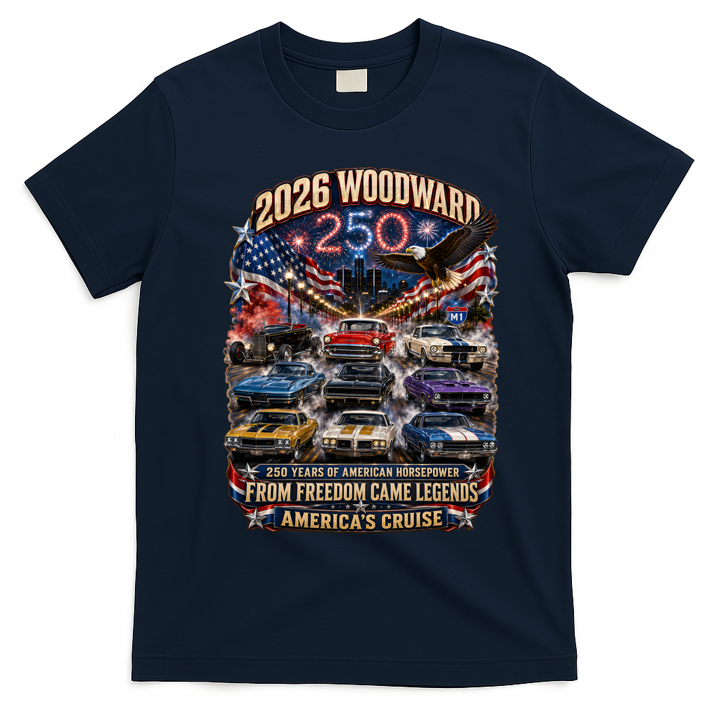 250 Years Of American Horsepower 2026 Woodward Cruising M1 T-Shirt - Navy Blue