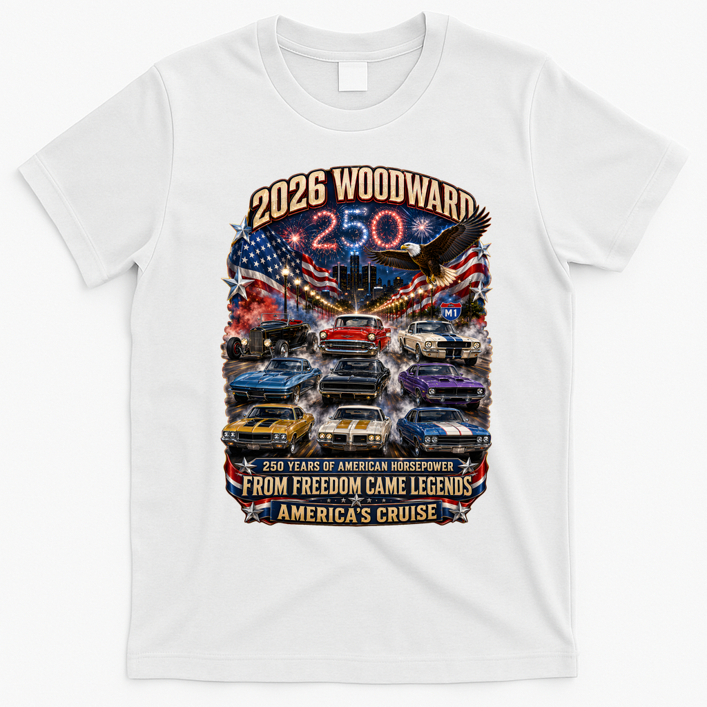 250 Years Of American Horsepower 2026 Woodward Cruising M1 T-Shirt - White