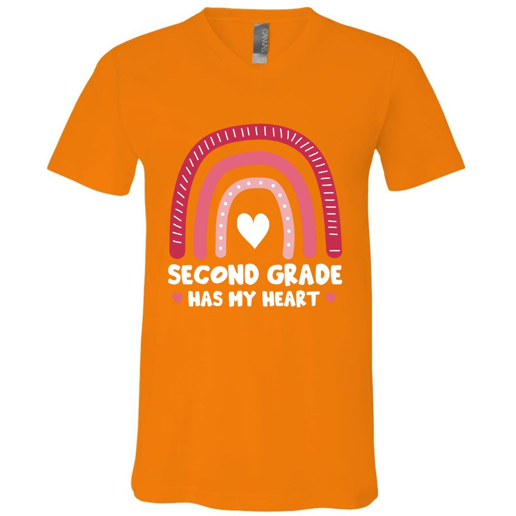 2nd Second Grade Has My Heart Rainbow Valentines Day Teacher V-Neck T-Shirt