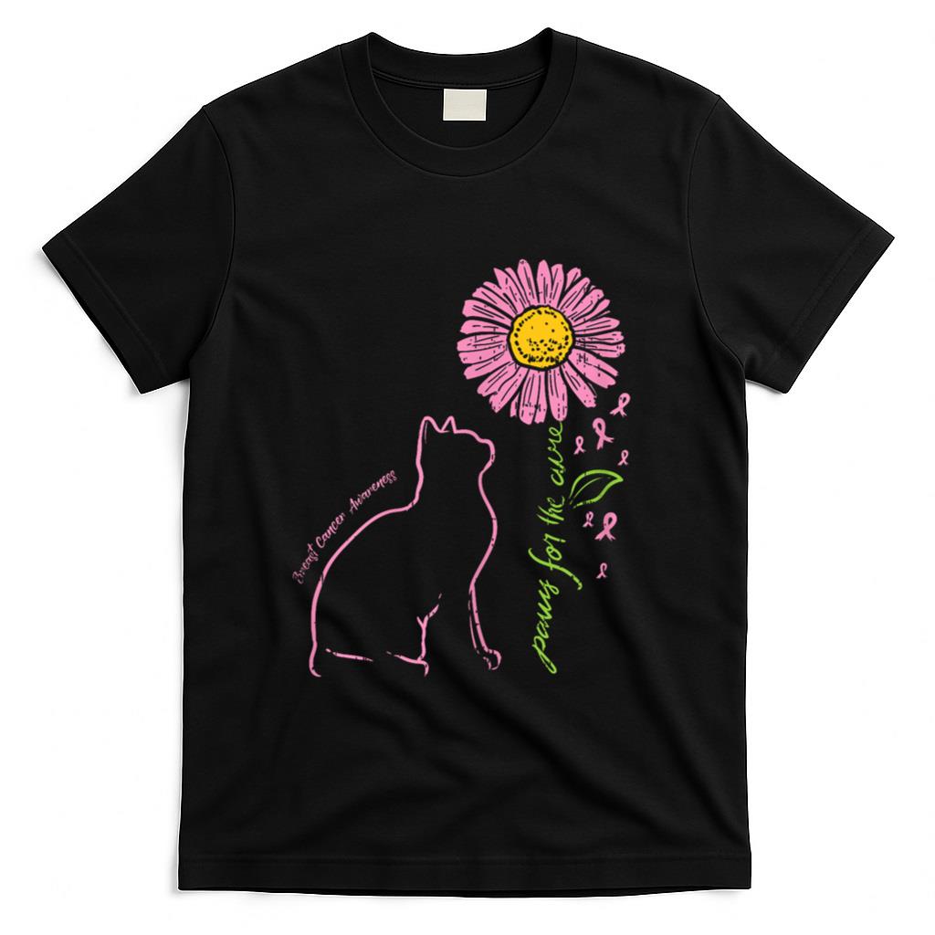 Cat Flower Paw For Cure Breast Cancer Awareness Support Gift T-Shirt