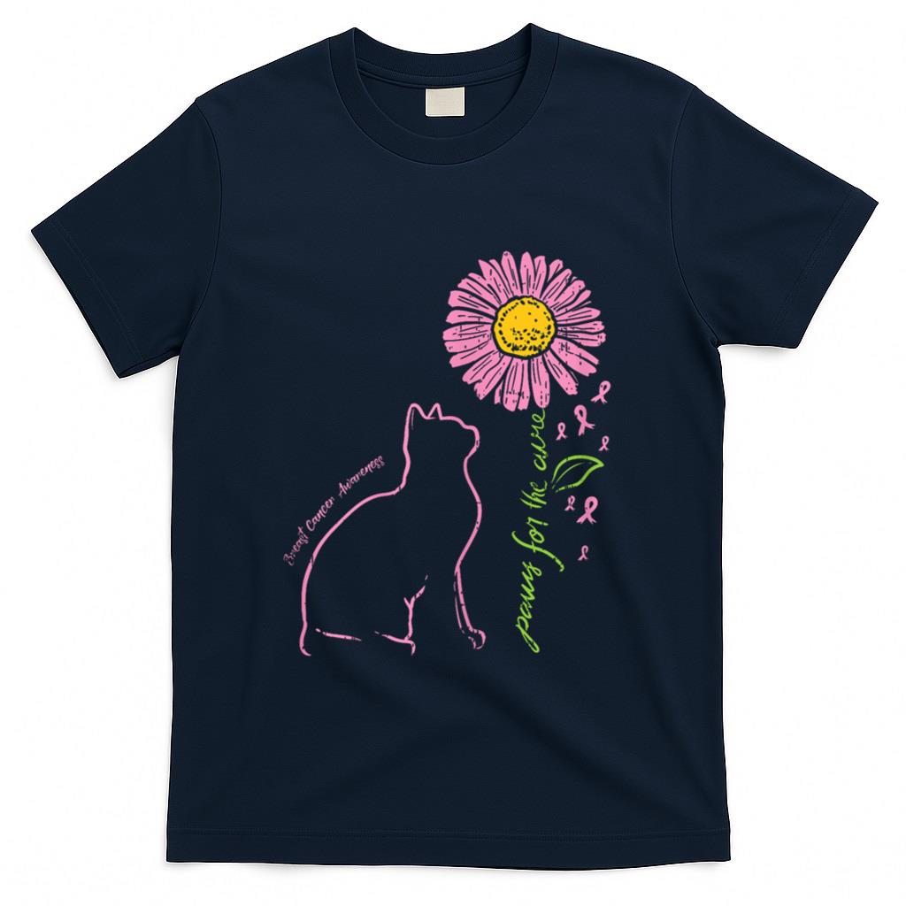 Cat Flower Paw For Cure Breast Cancer Awareness Support Gift T-Shirt