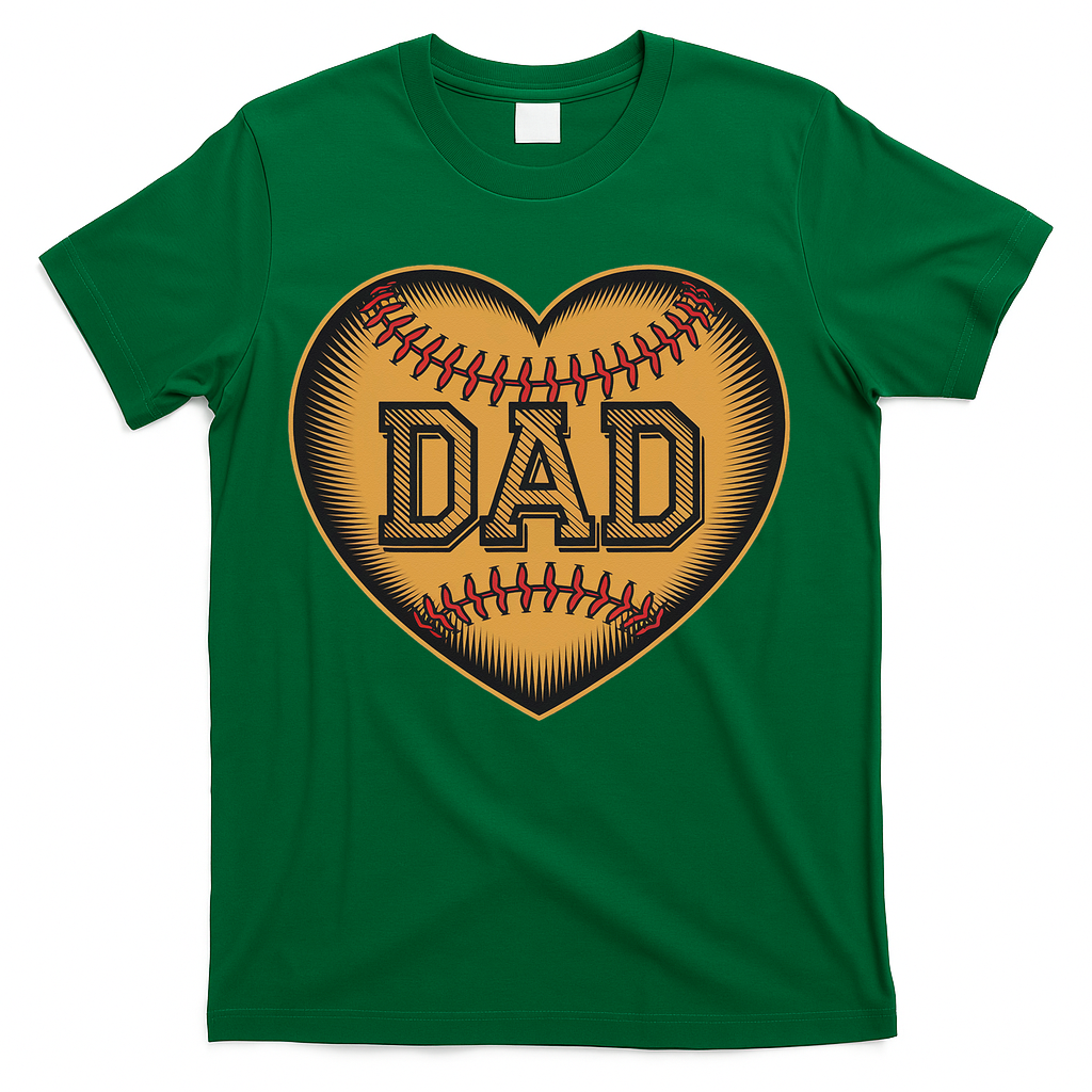 Father Heart With Baseball Design And Wooden Carving Text T-Shirt