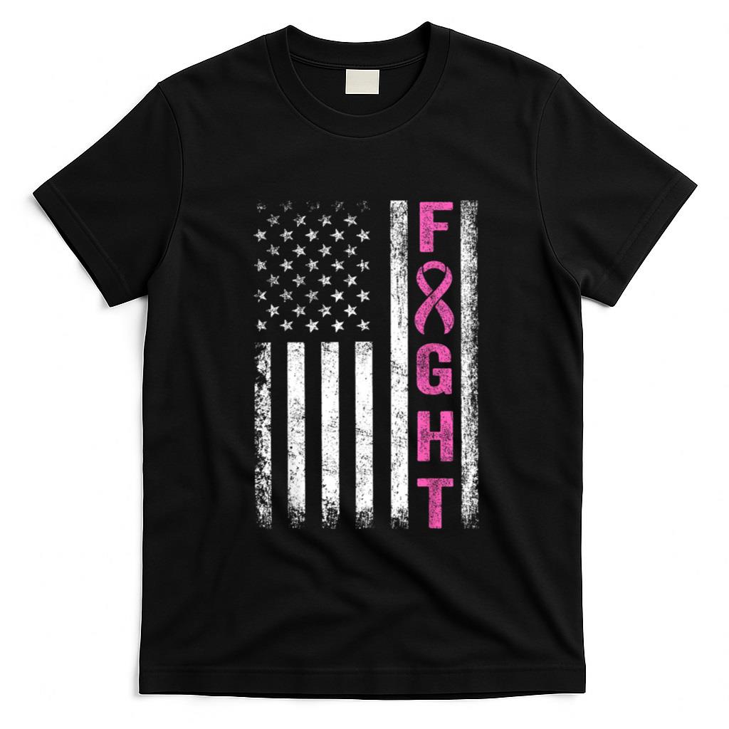 Fight Breast Survivor American Flag Breast Cancer Awareness Women Girls Kids Men T-Shirt