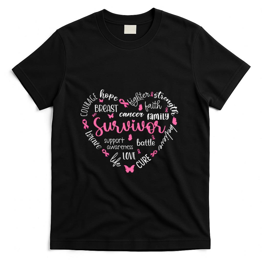 Pink Ribbon Heart Breast Cancer Awareness Survivor Warrior T-Shirt